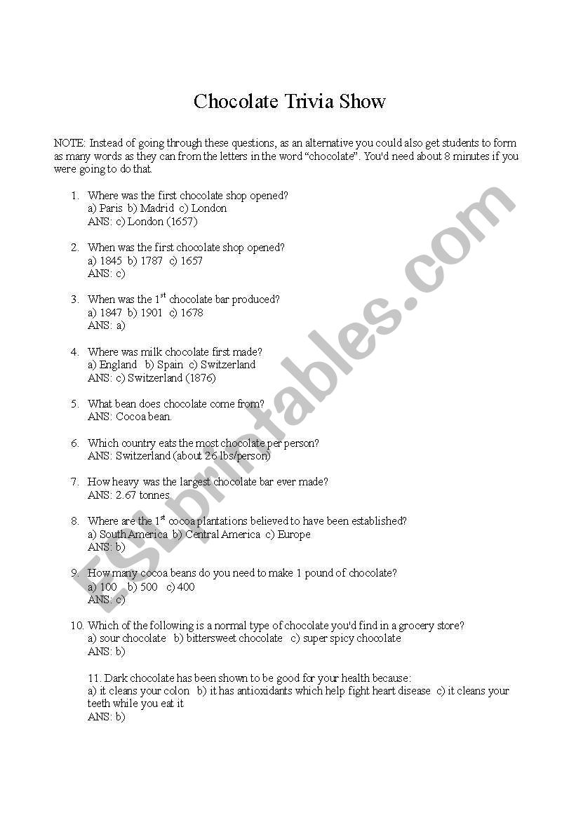 Chocolate Trivia Quiz worksheet