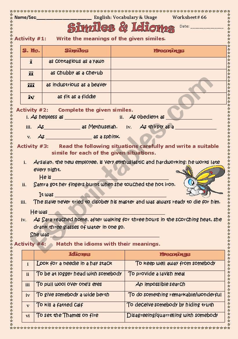 Similes and Idioms worksheet