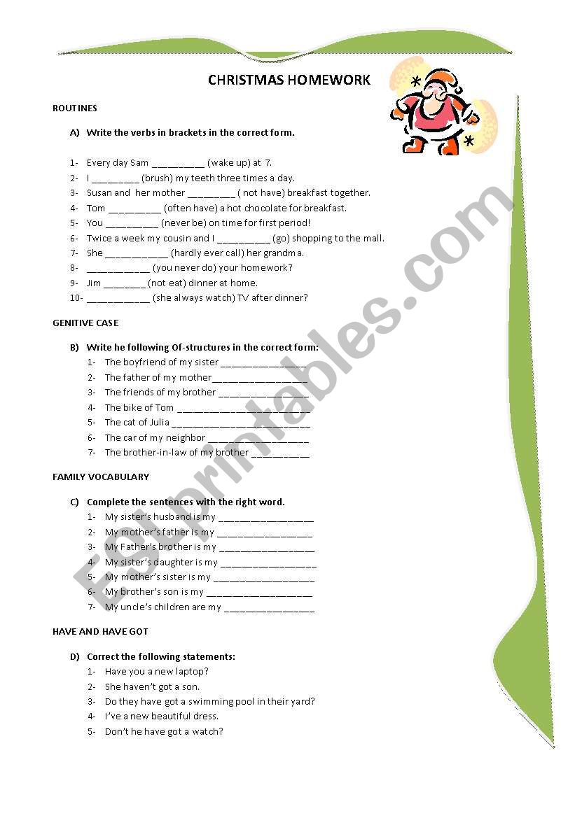 Christmas Homework worksheet