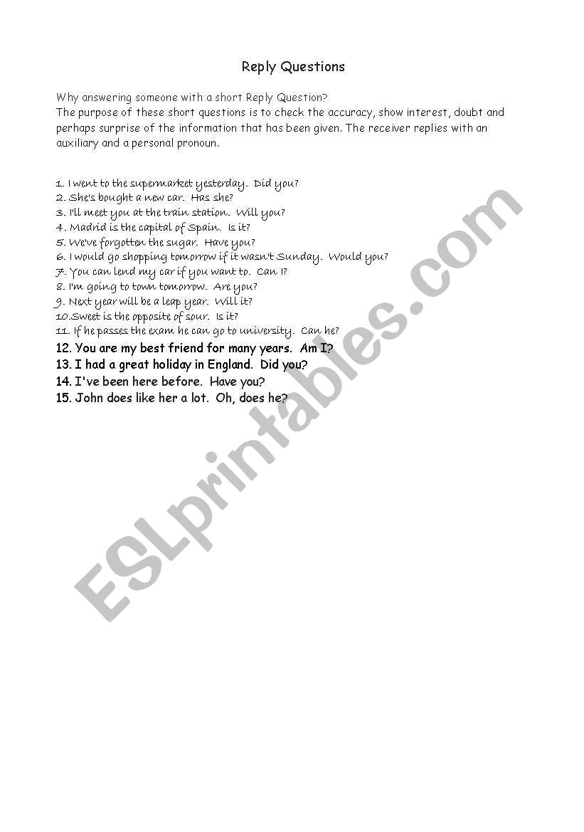 Reply Questions worksheet