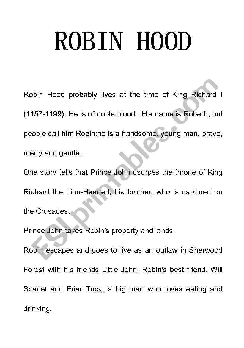 ROBIN HOOD worksheet