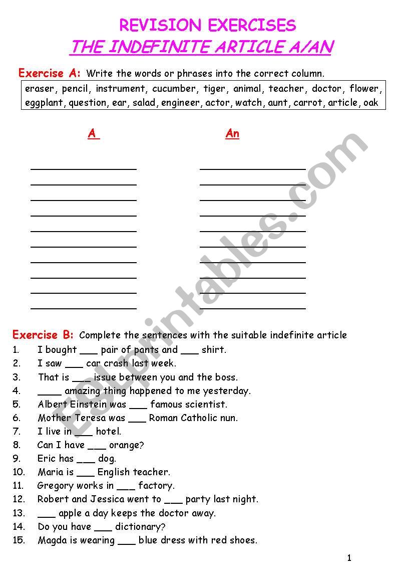 The Indefinite Article A/An worksheet