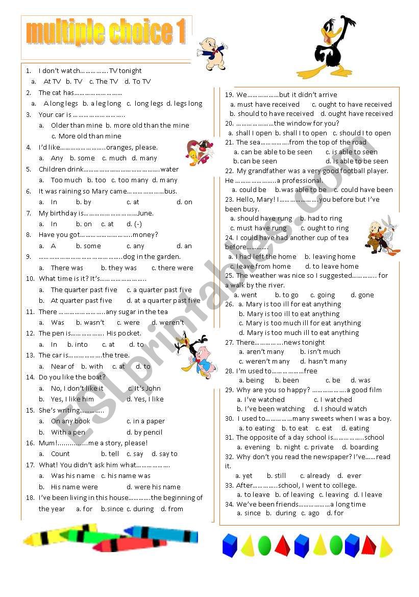 multiple choice 1 (A2) worksheet