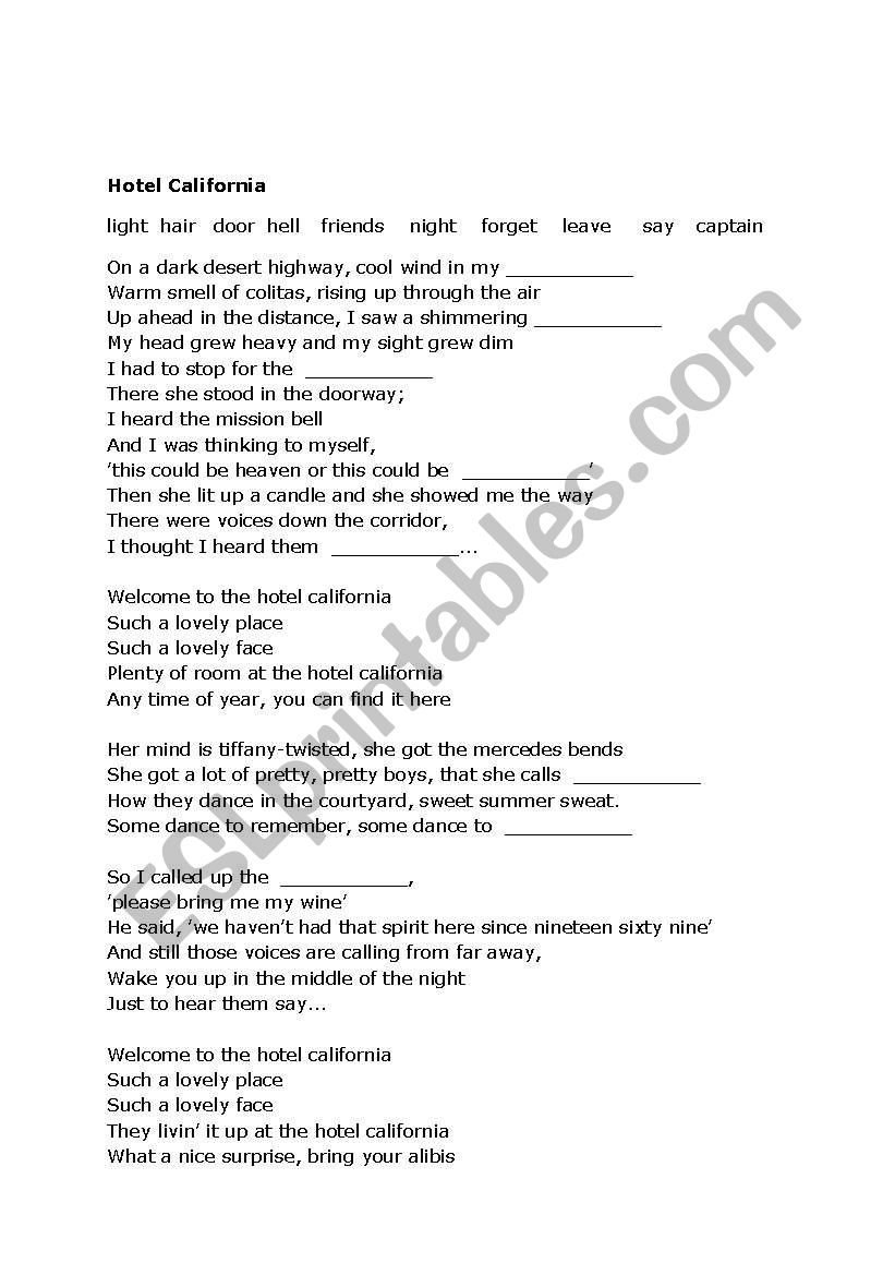 Hotel California worksheet worksheet