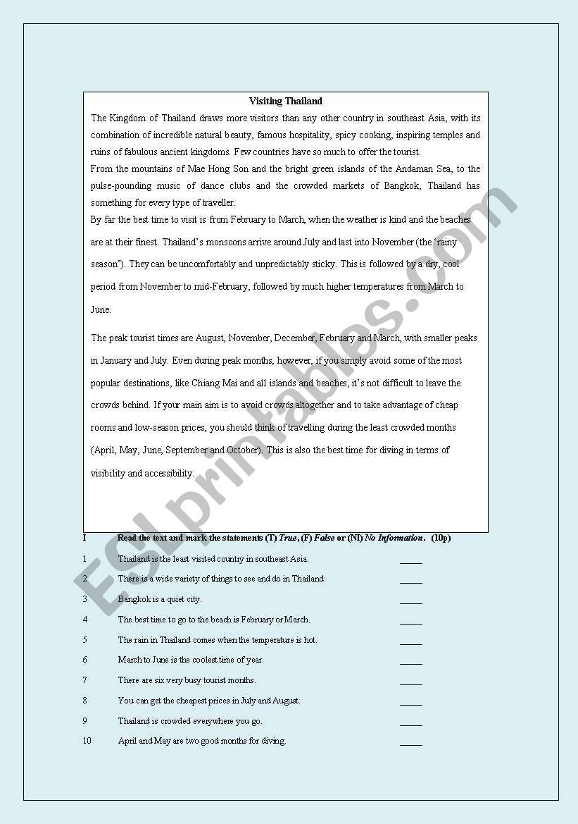 Visiting Thailand worksheet