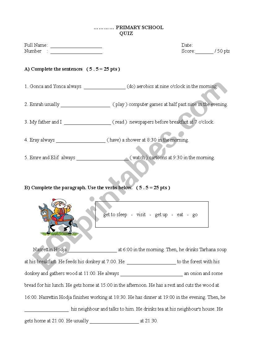 QUIZ FOR SIMPLE PRESENT worksheet