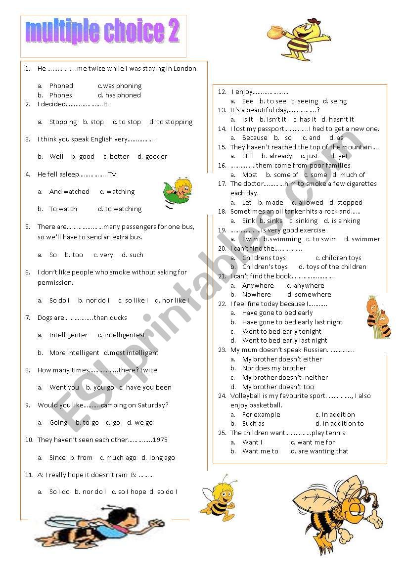 multiple choice 2 (A2) worksheet