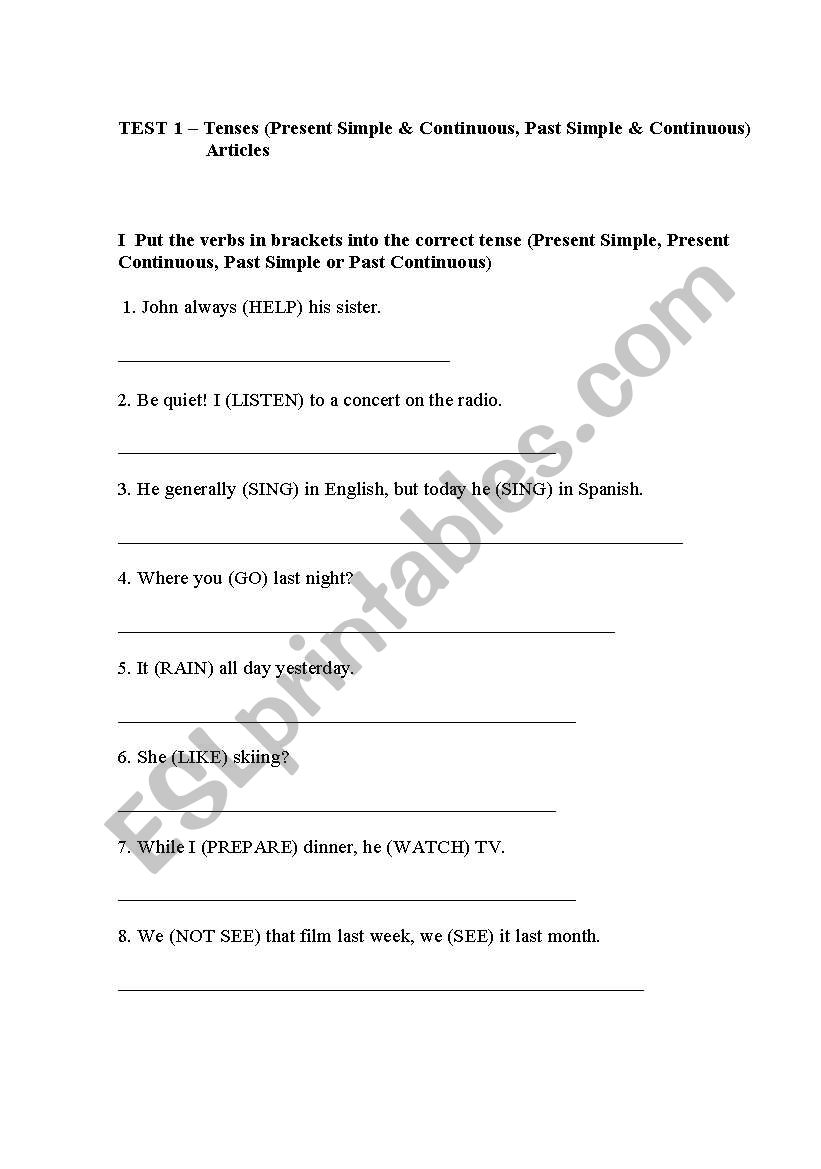 Test 1 - Tenses, Articles worksheet