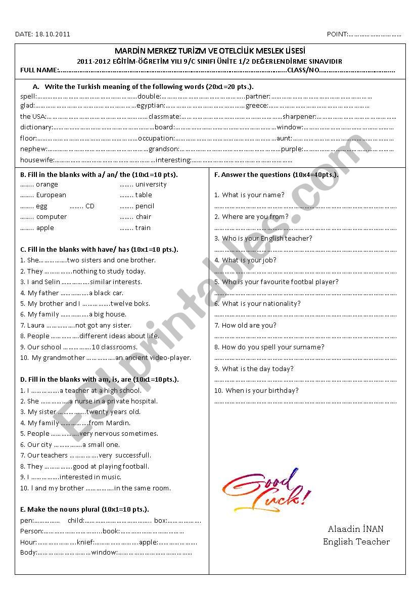 9th grade exam sample worksheet