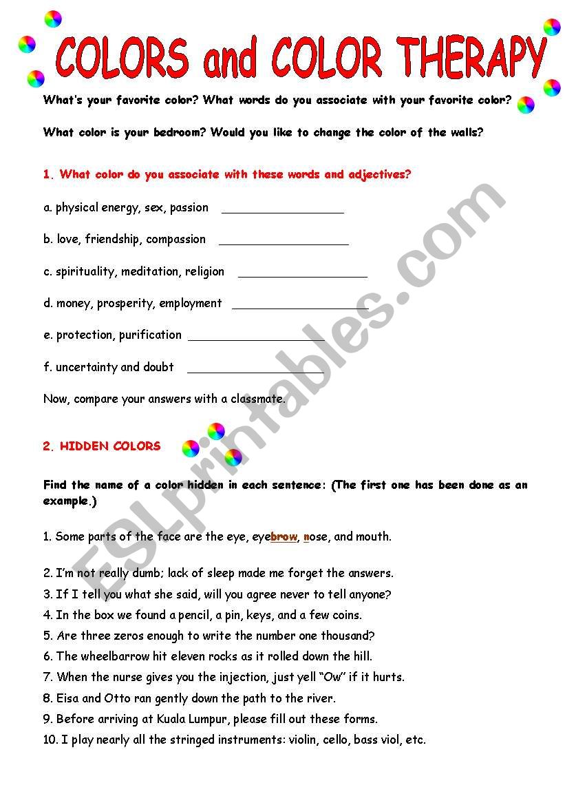 COLORS  and  COLOR THERAPY worksheet