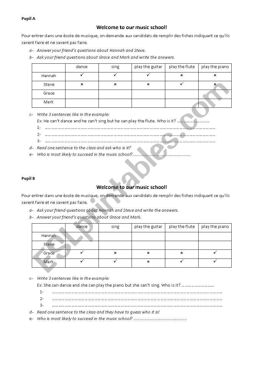CAN / CANT pair work worksheet