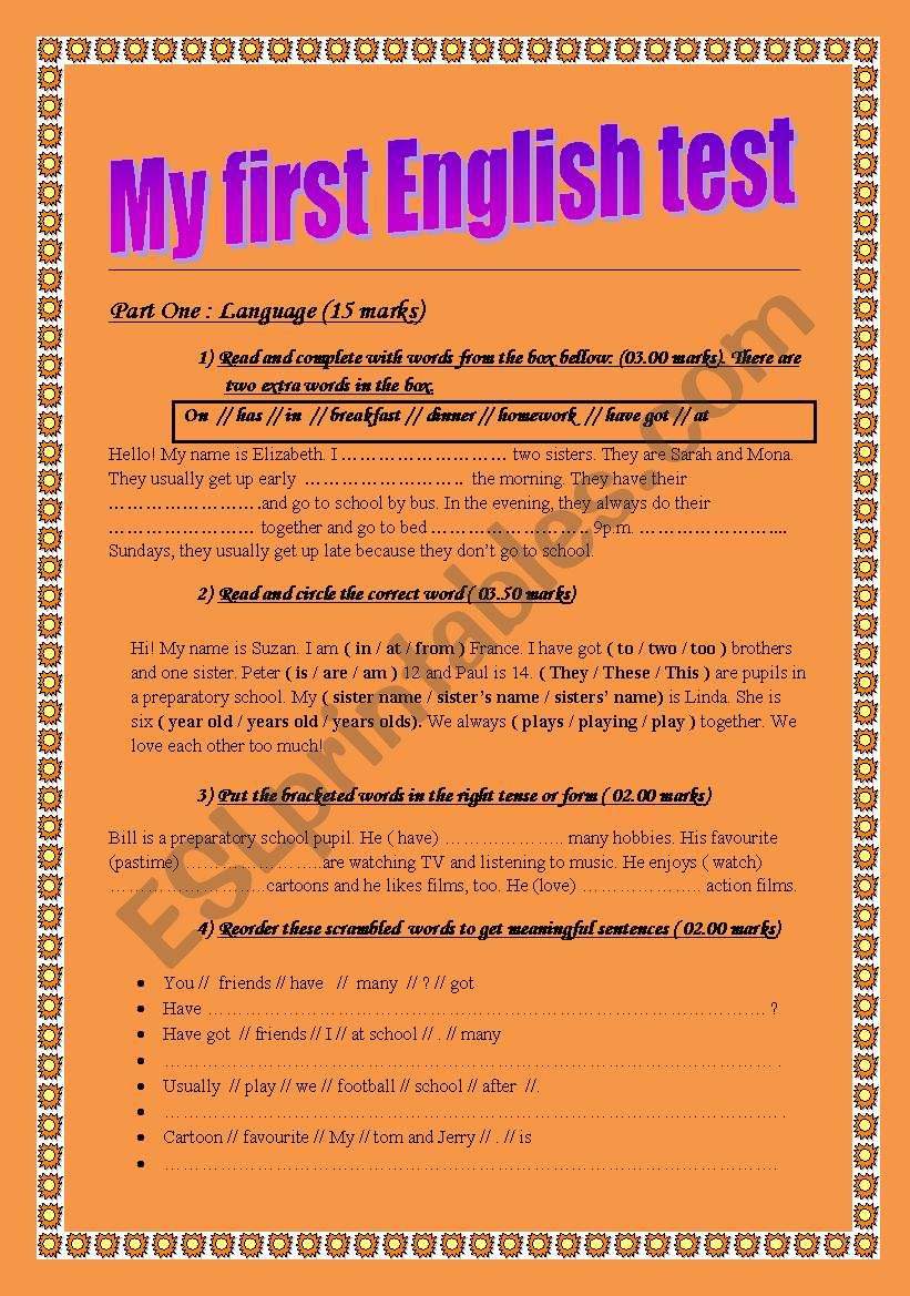 full term English test worksheet