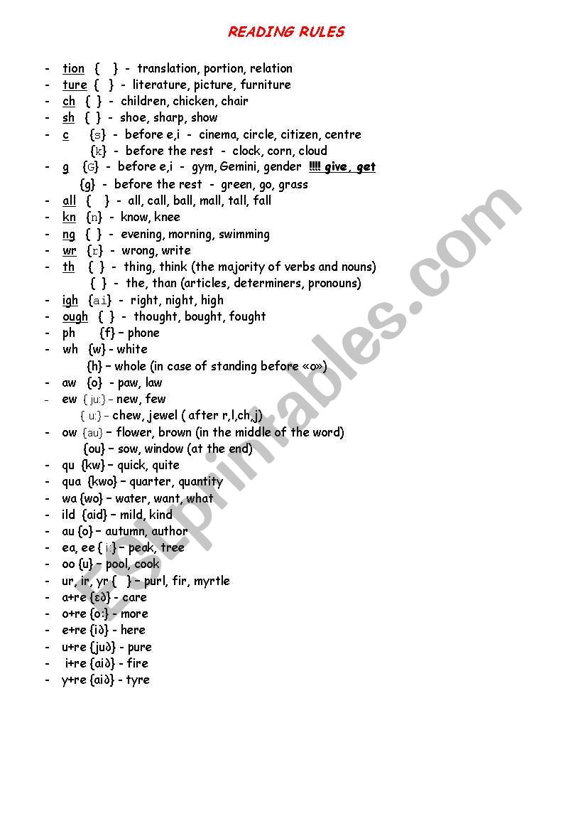 Reading rules worksheet