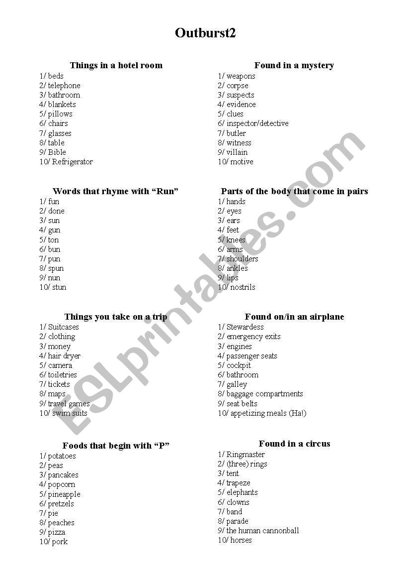 Outburst 2 worksheet