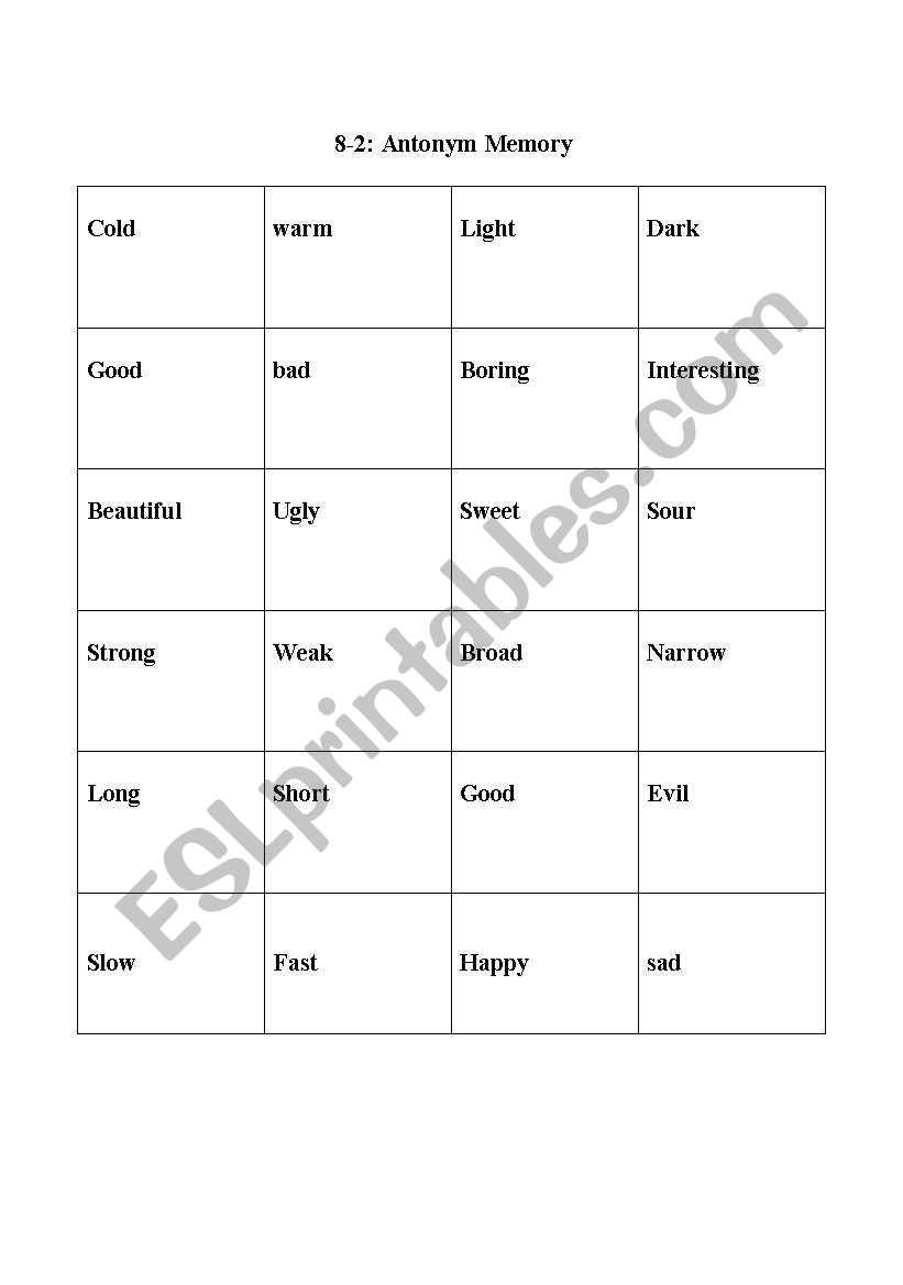 Antonym memory game worksheet