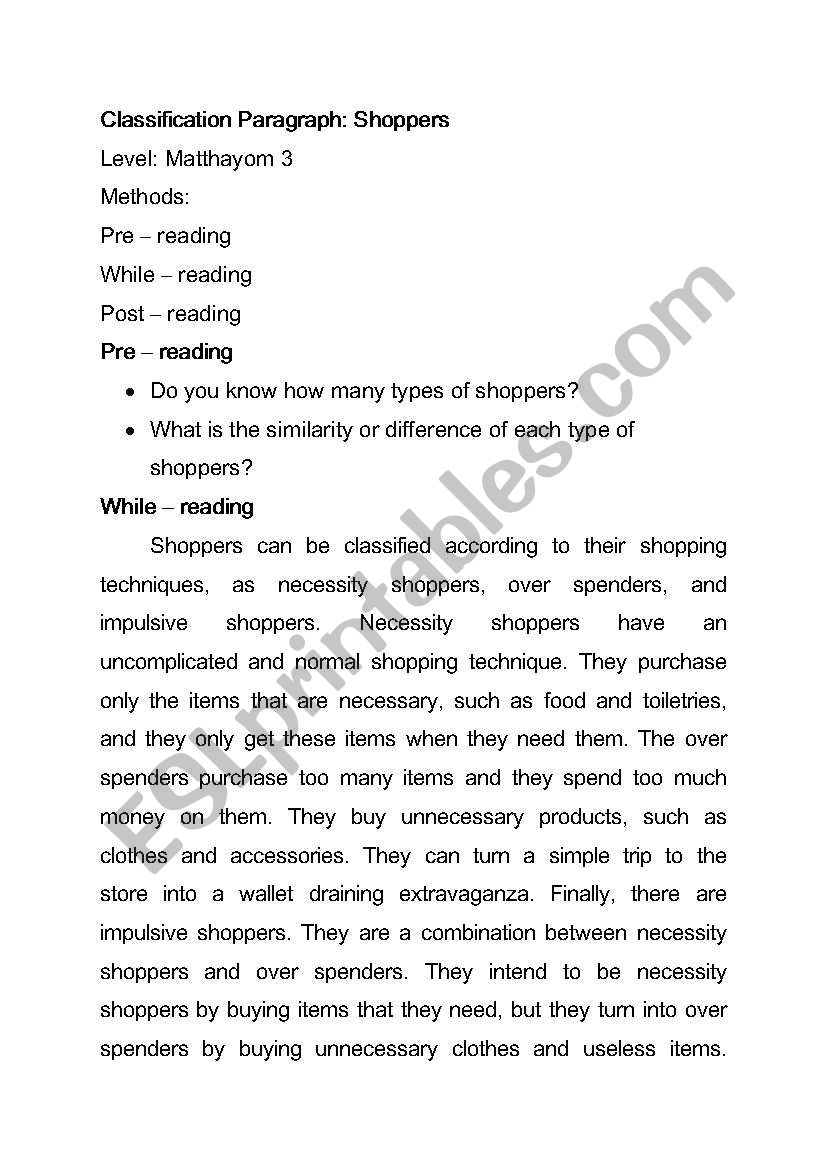 Classification paragraph worksheet