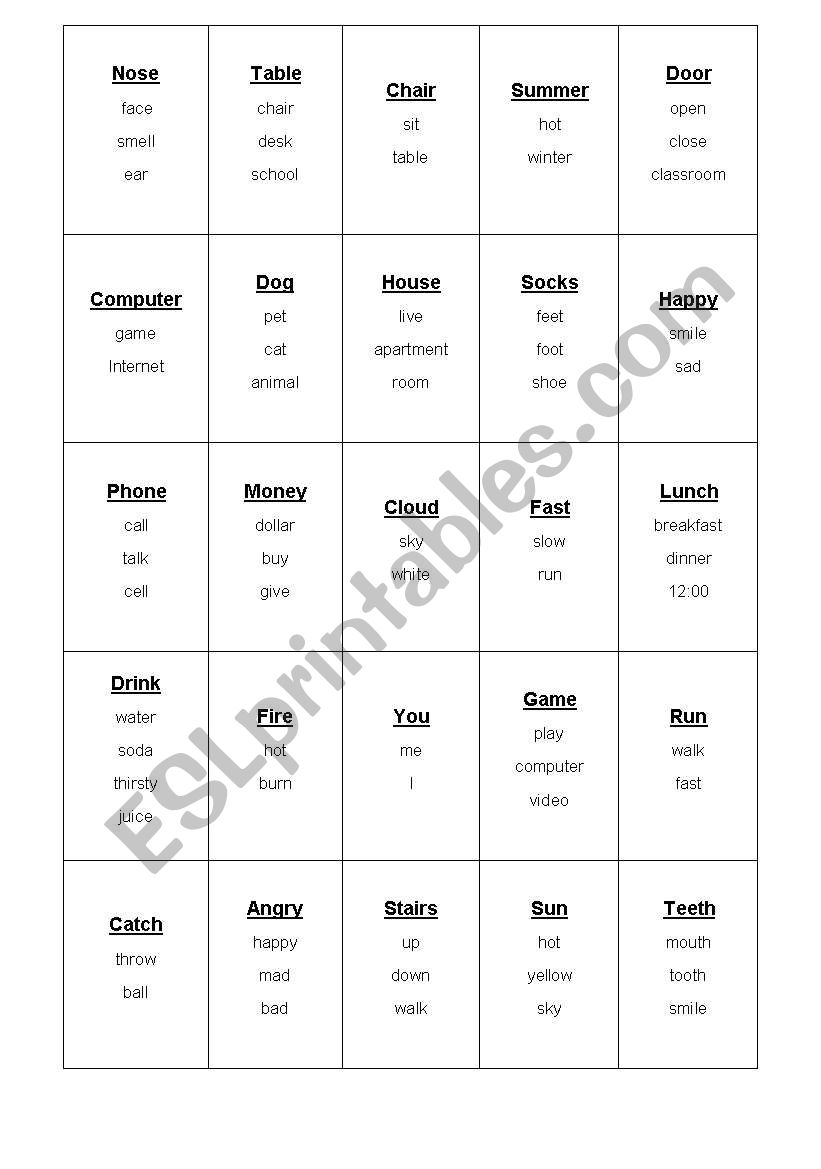 Taboo worksheet