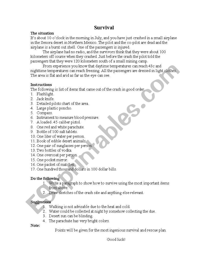 Survival worksheet