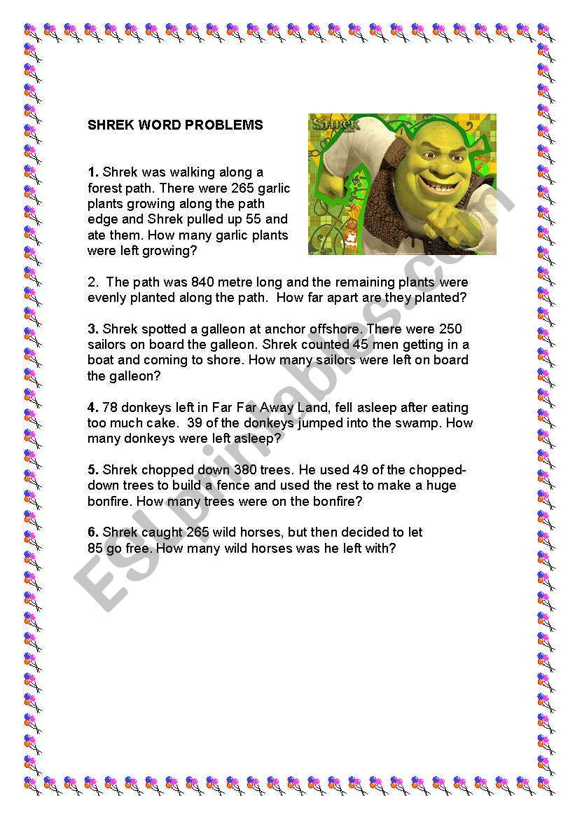 SHREK WORD PROBLEMS worksheet