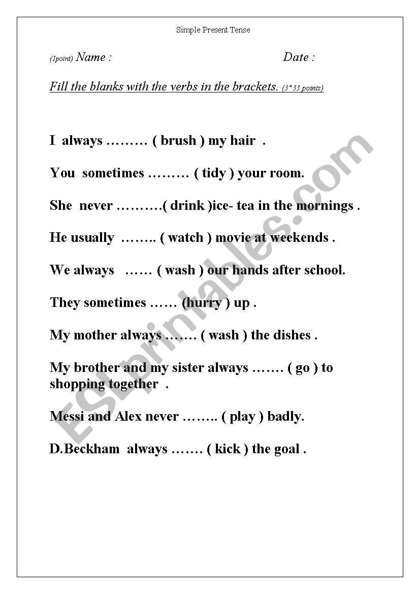 Present Simple Worksheet for Elementary Students