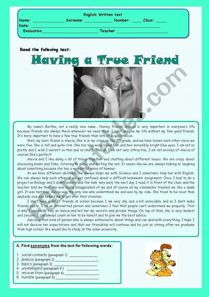 Test - true friend worksheet