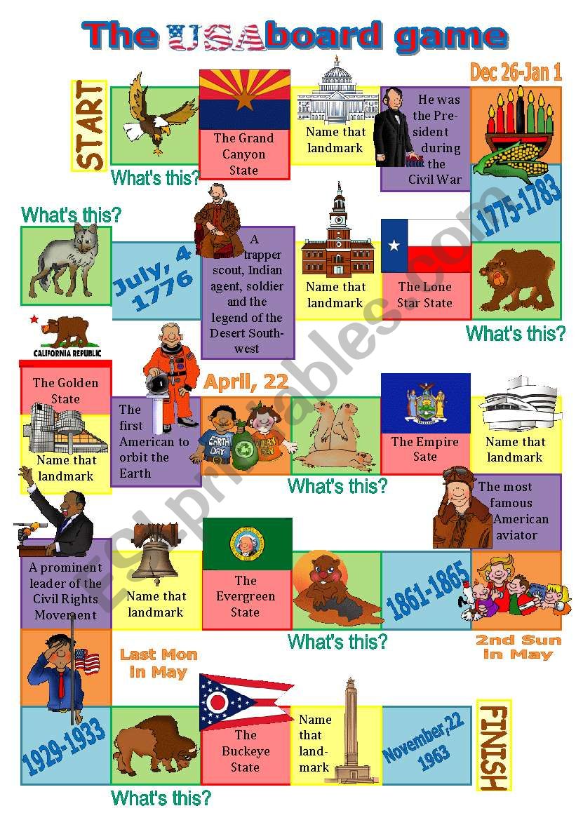 the usa board game 2 esl worksheet by diana561
