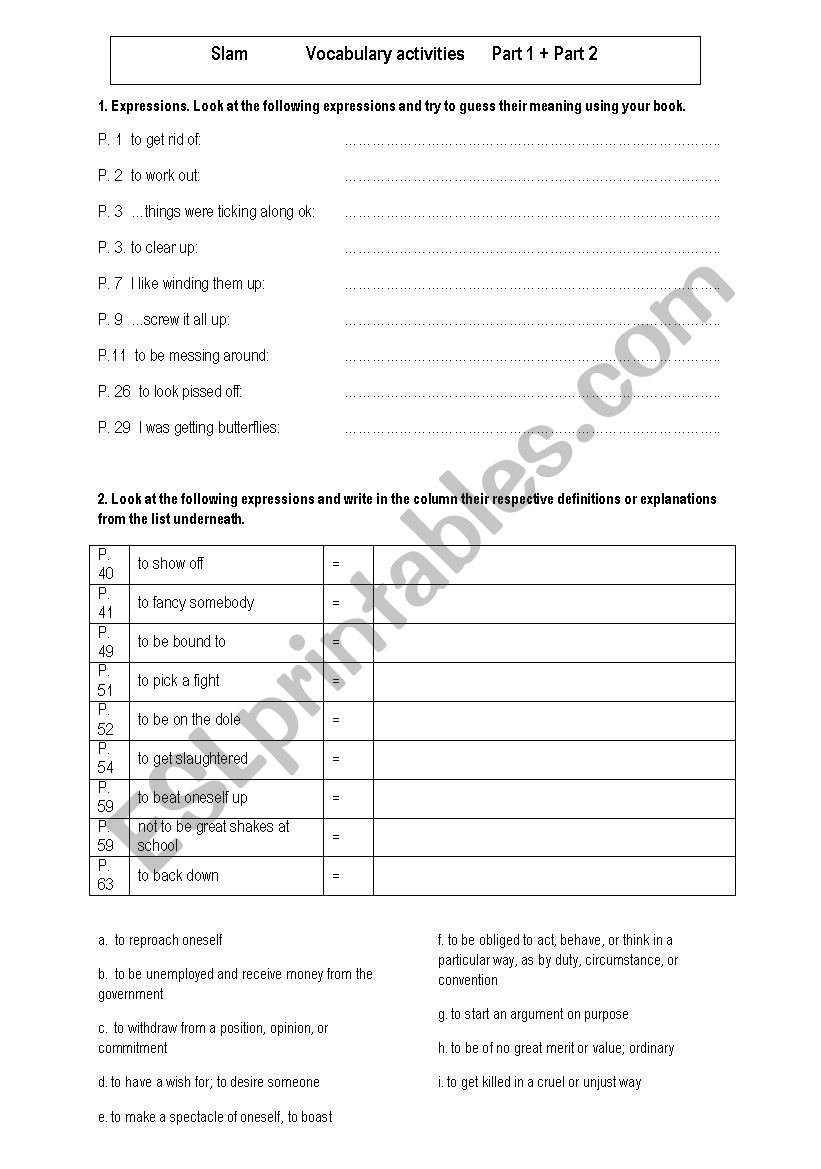 SLAM  Nick Hornby Vocabulary exercises p.1 to 64