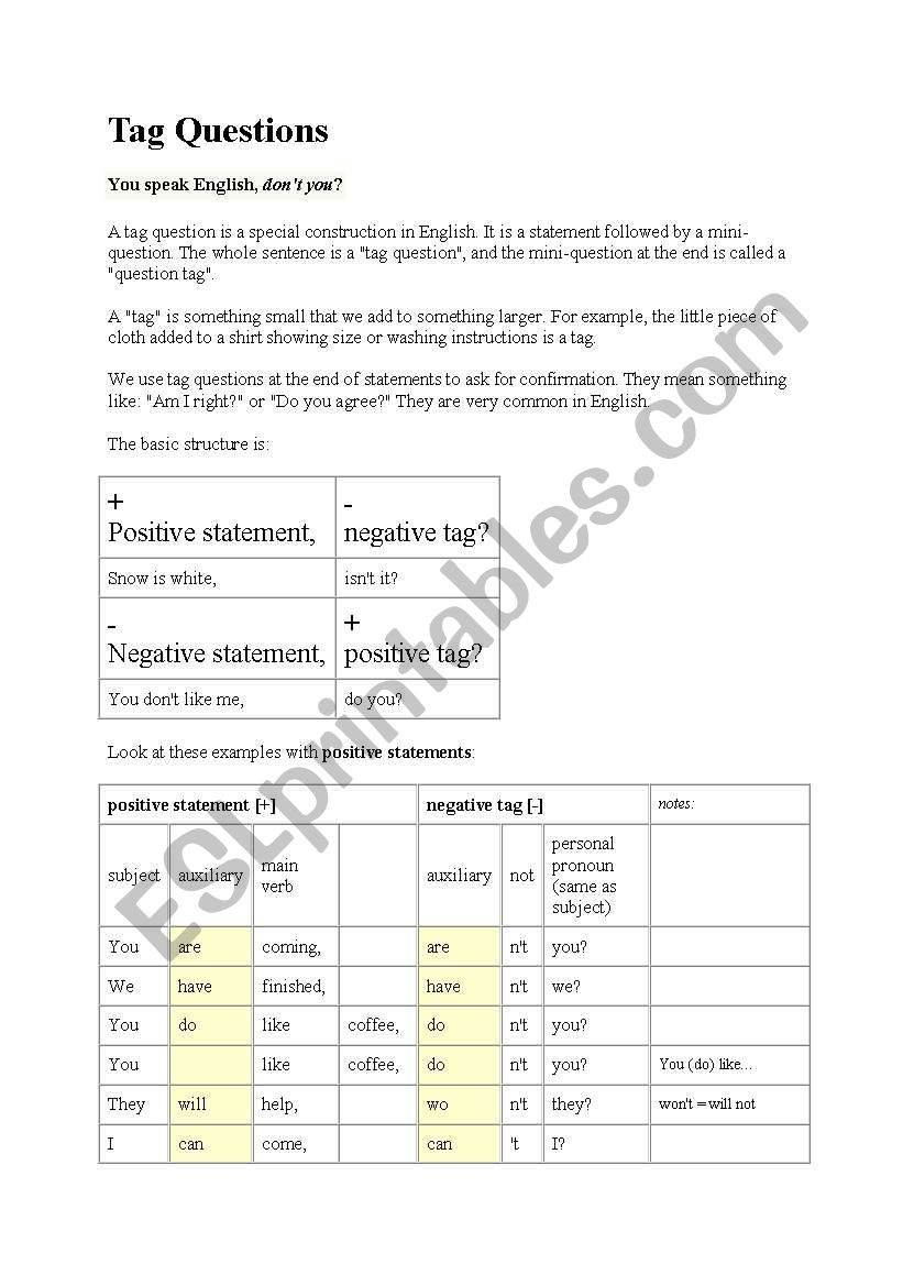 tag questions worksheet