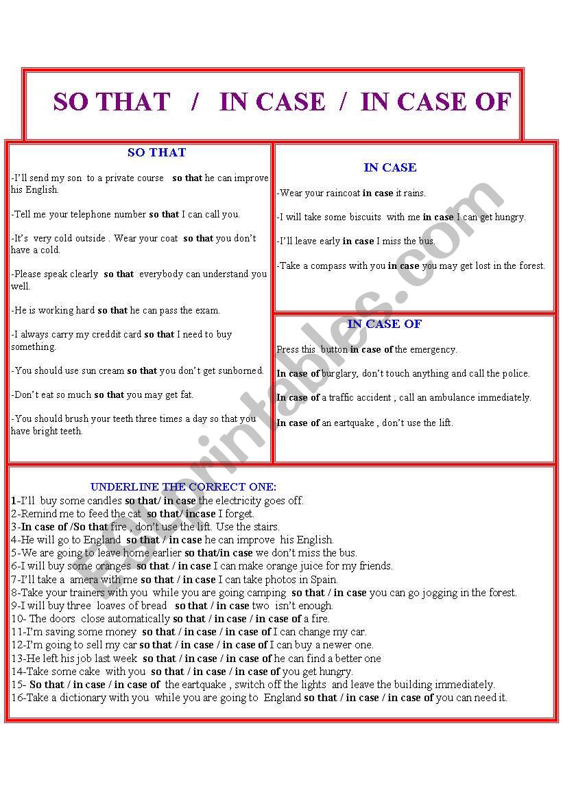 so that /in case of/ n case  worksheet