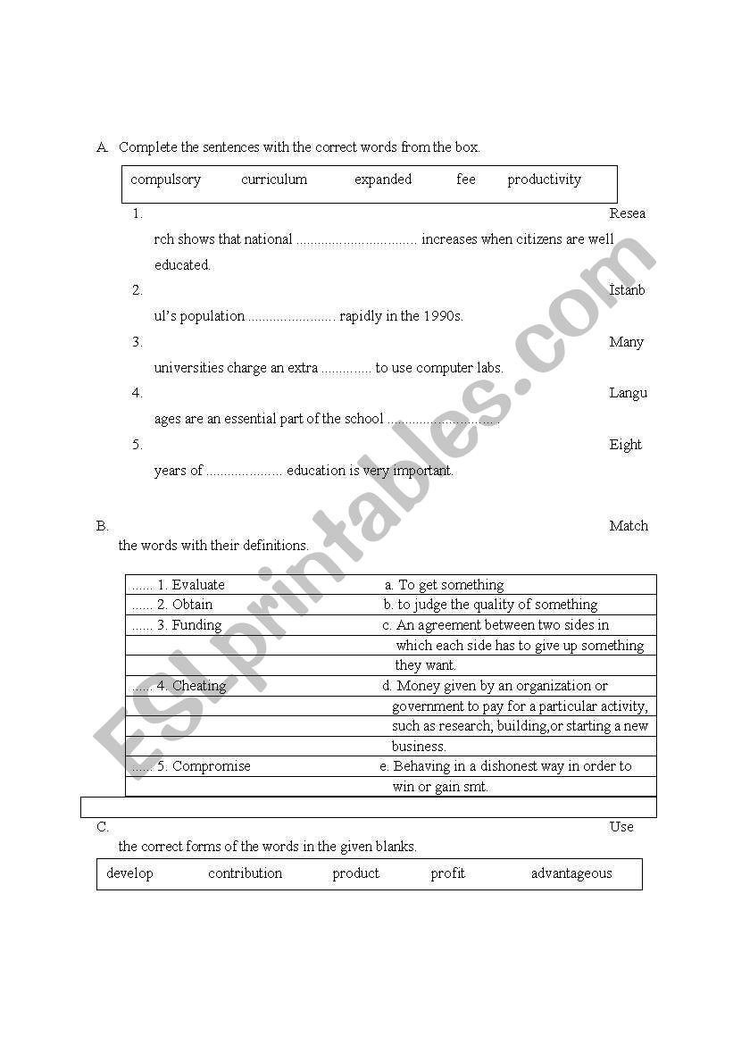 intermediate vocabulary worksheet