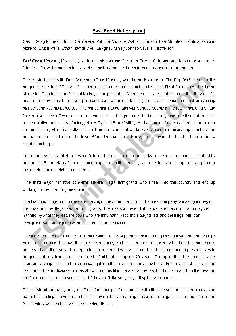 Fast Food Nation worksheet worksheet