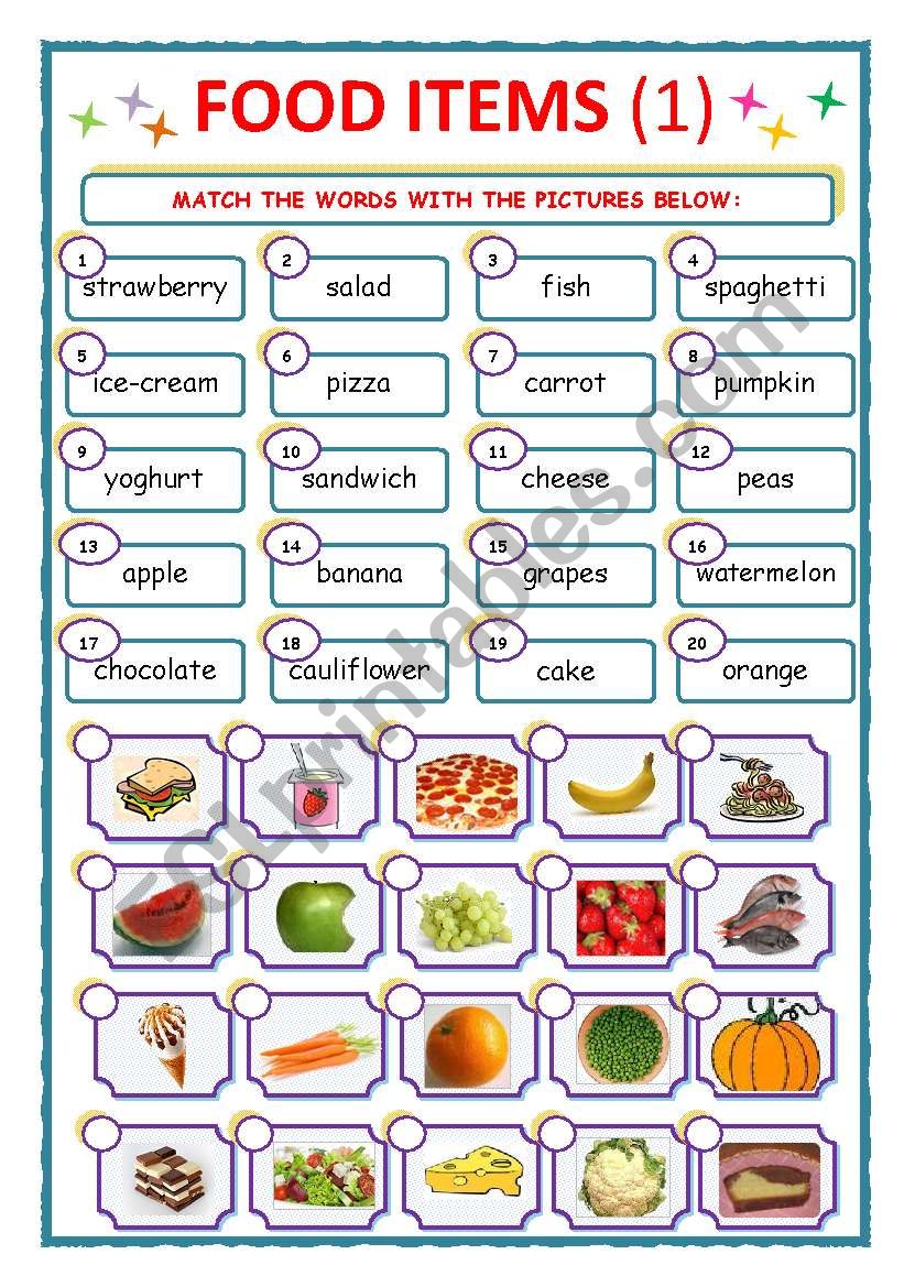 FOOD ITEMS - MATCH - Part 1 worksheet