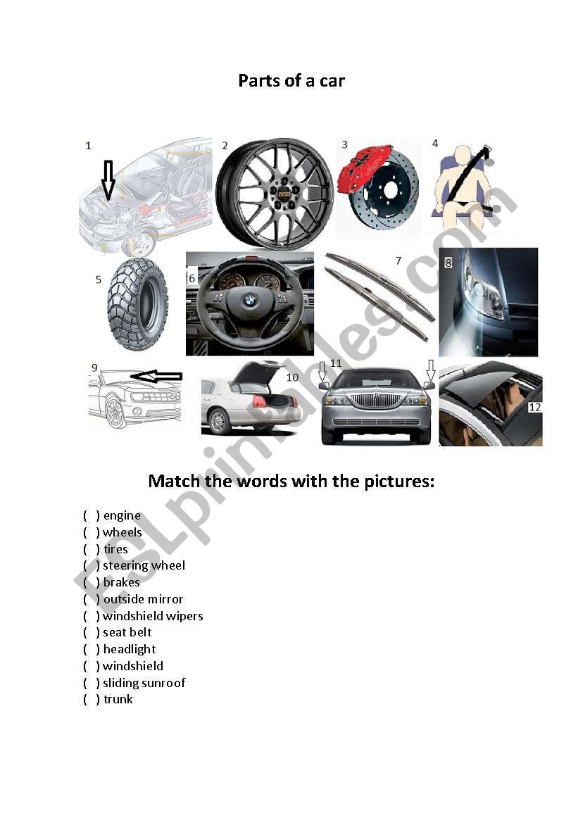 Parts of a car activity worksheet