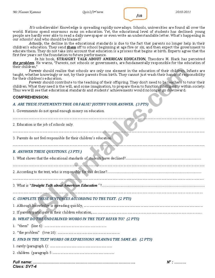 Family and Education worksheet