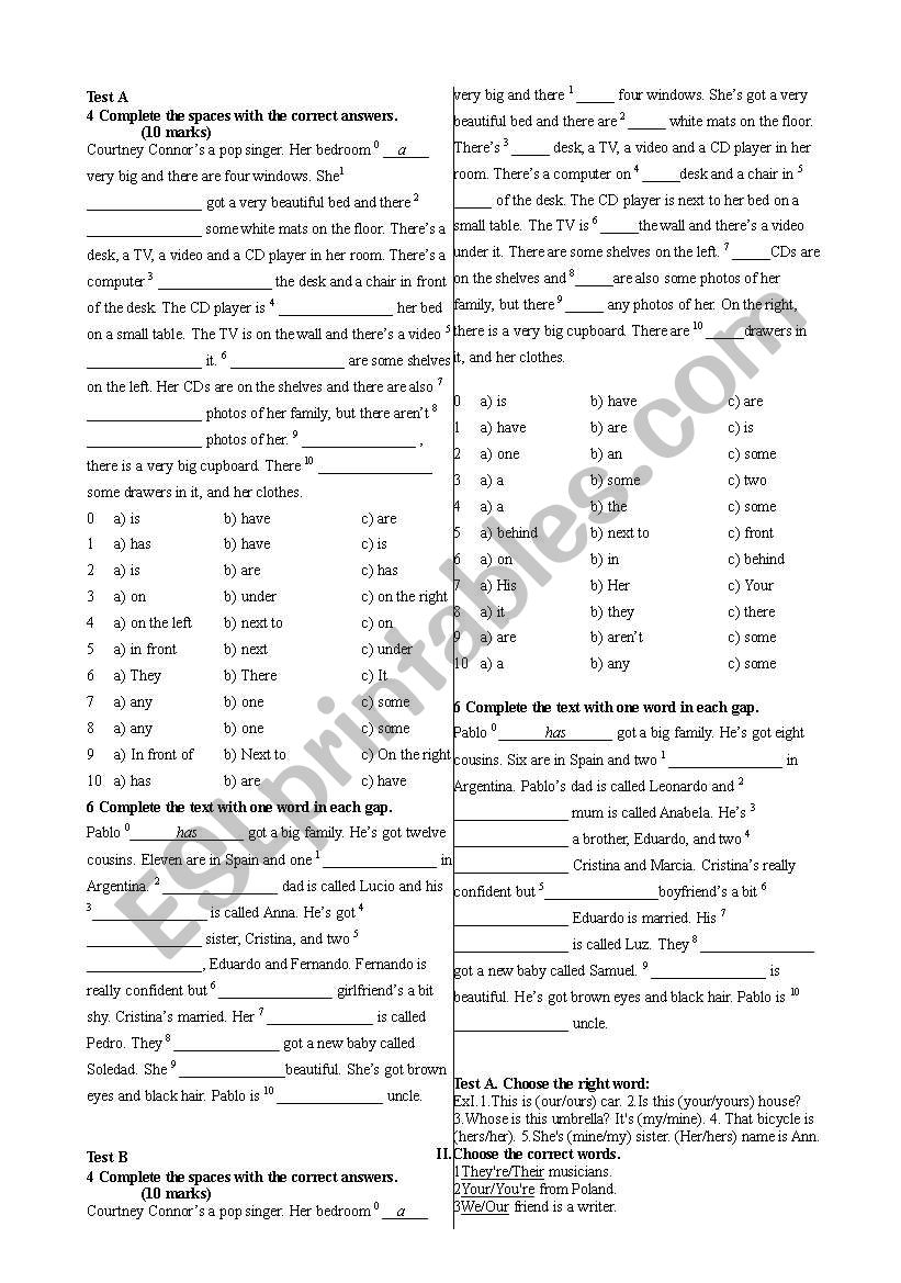 Test on pronouns worksheet