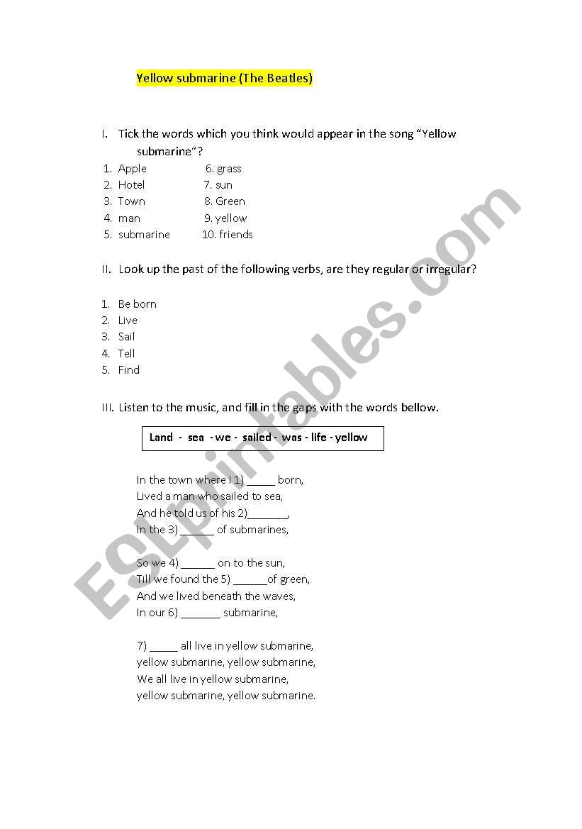 yellow submarine, past simple worksheet