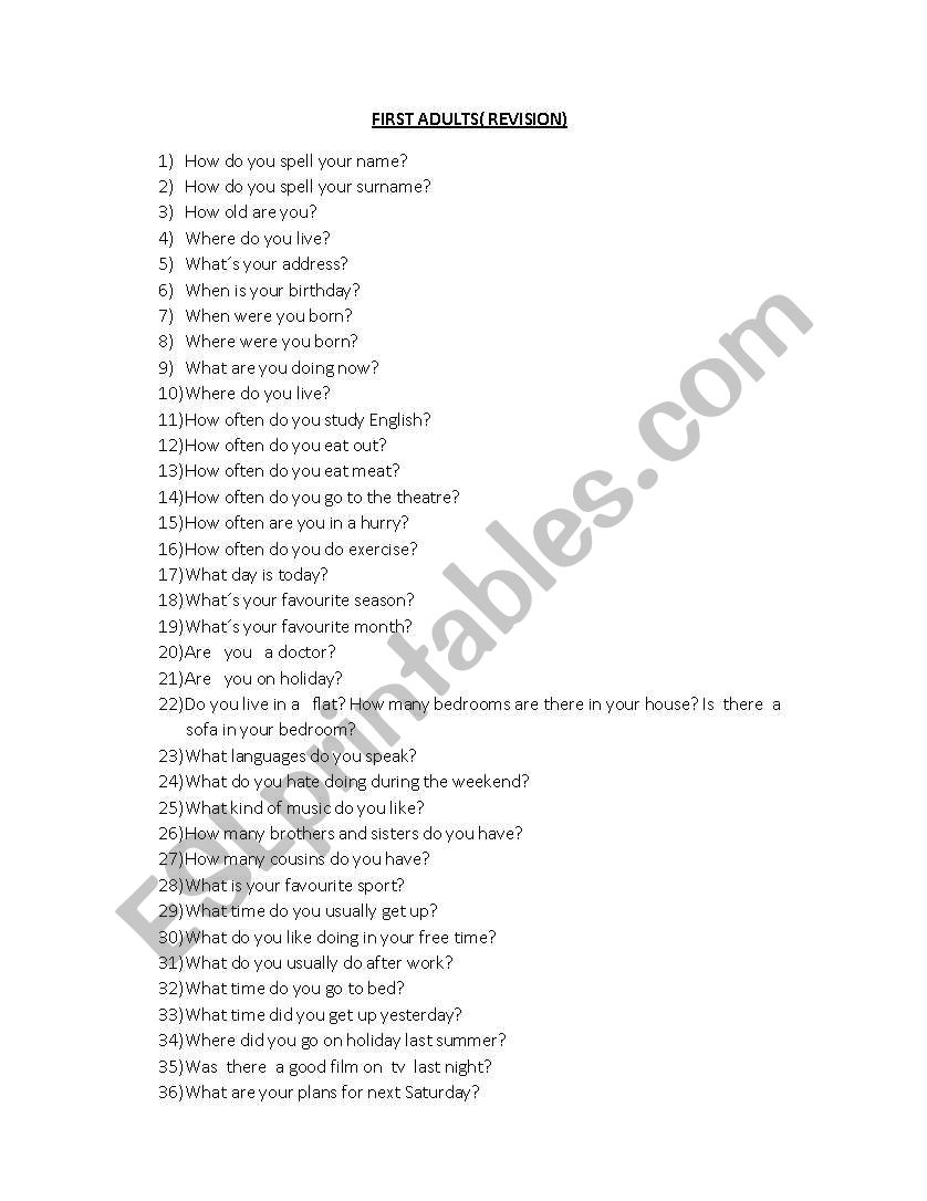 Oral revsion (first adults) worksheet