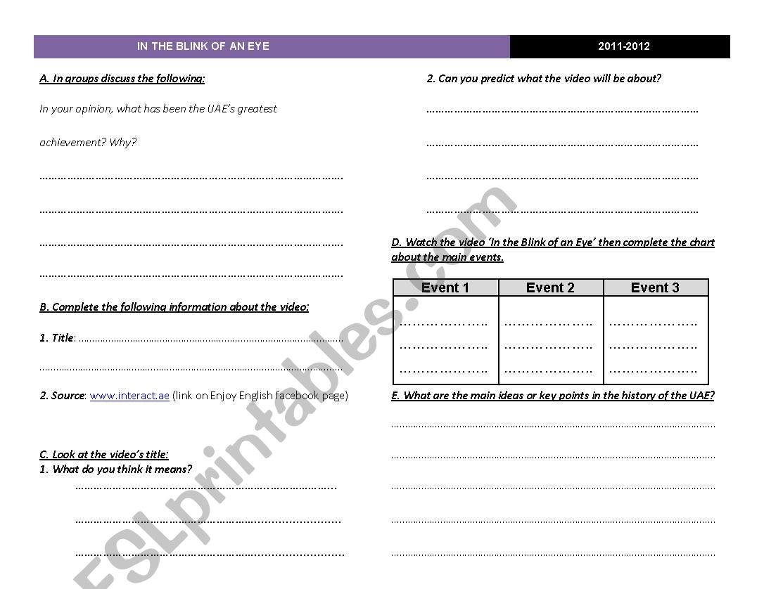 In The Blink of an Eye worksheet