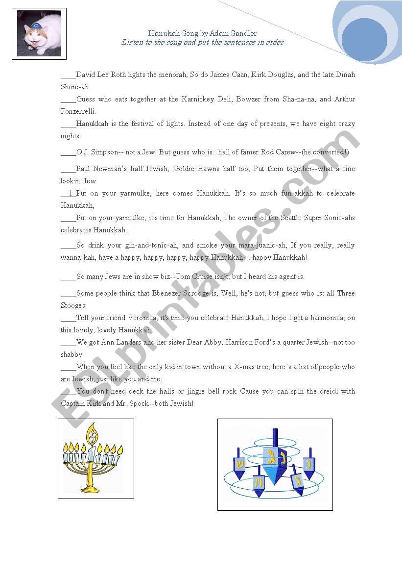 Hanukkah Song by Adam Sandler worksheet