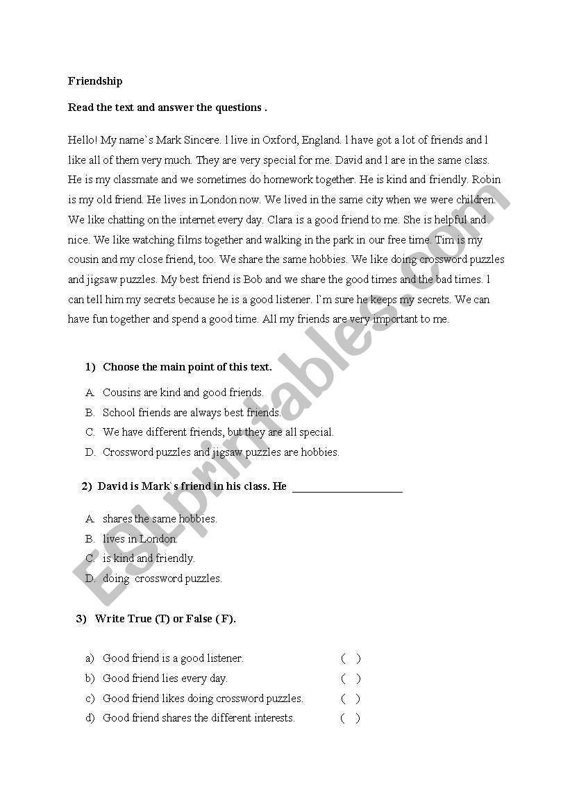 friendship worksheet