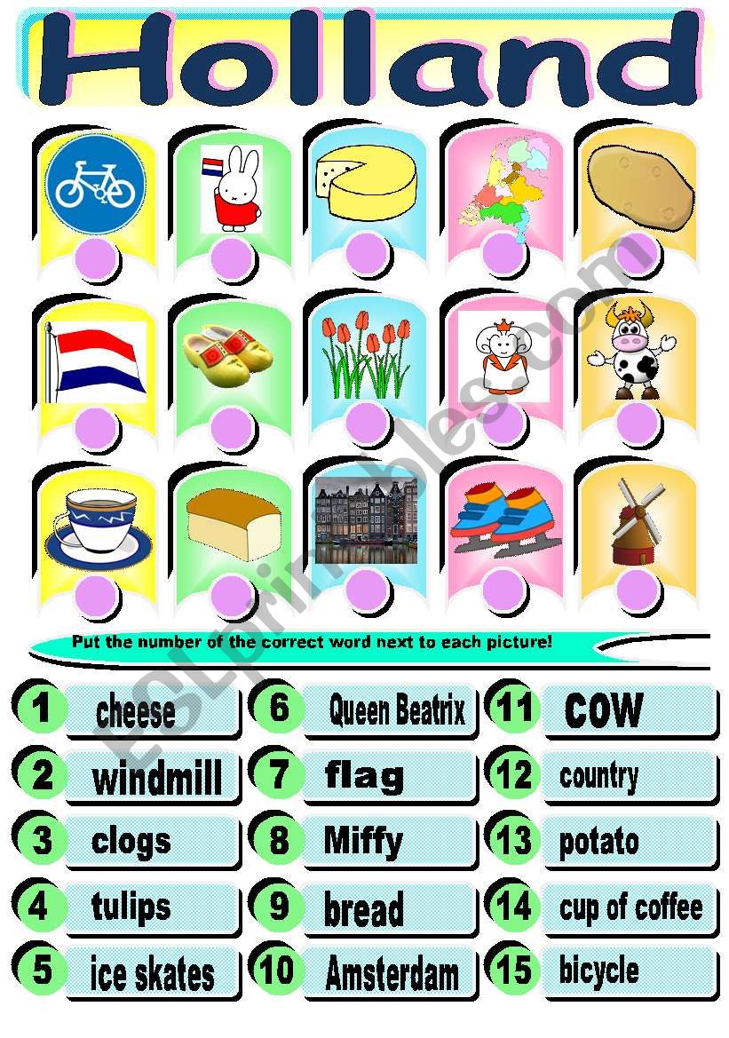 Holland worksheet (combine words and pictures)