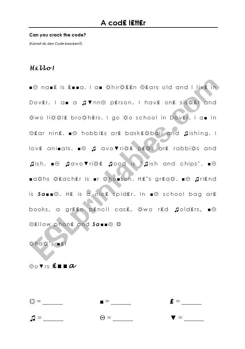 A code letter worksheet