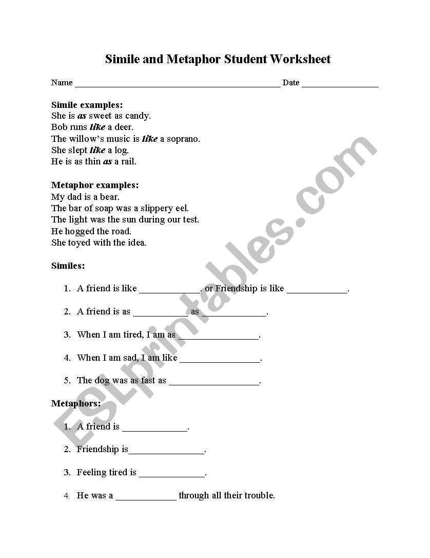 Simile and Metaphor Worksheet worksheet