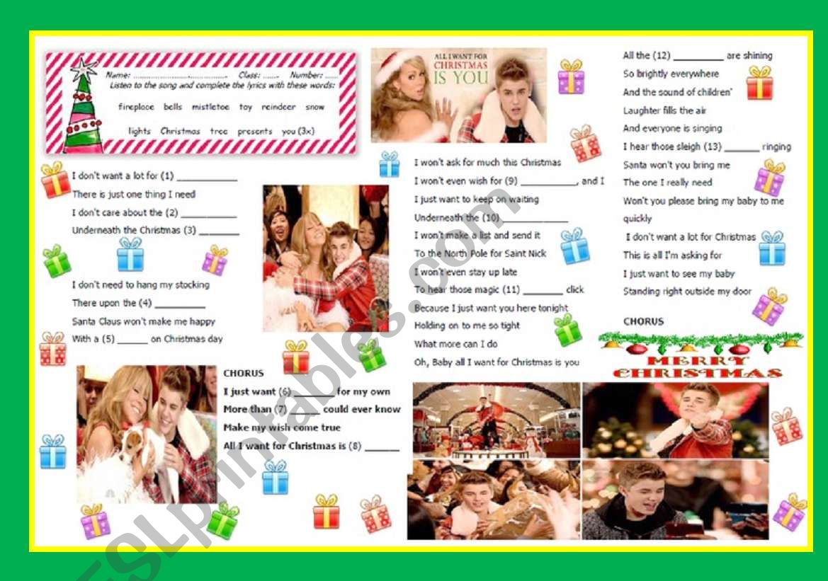 song: ALL I WANT FOR CHRISTMAS IS YOU by Mariah Carey and Justin Bieber - with ANSWER KEY and VIDEO/LYRICS