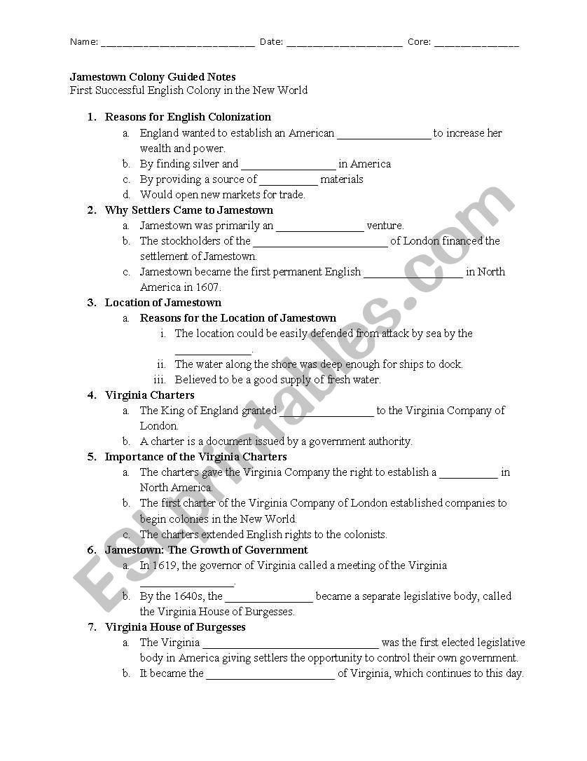 Jamestown Guided Notes worksheet