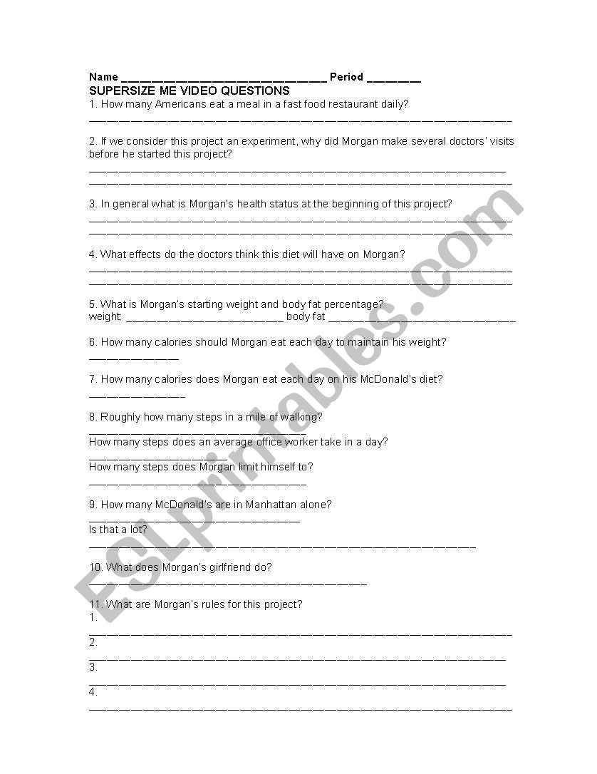 Super Size Me worksheet