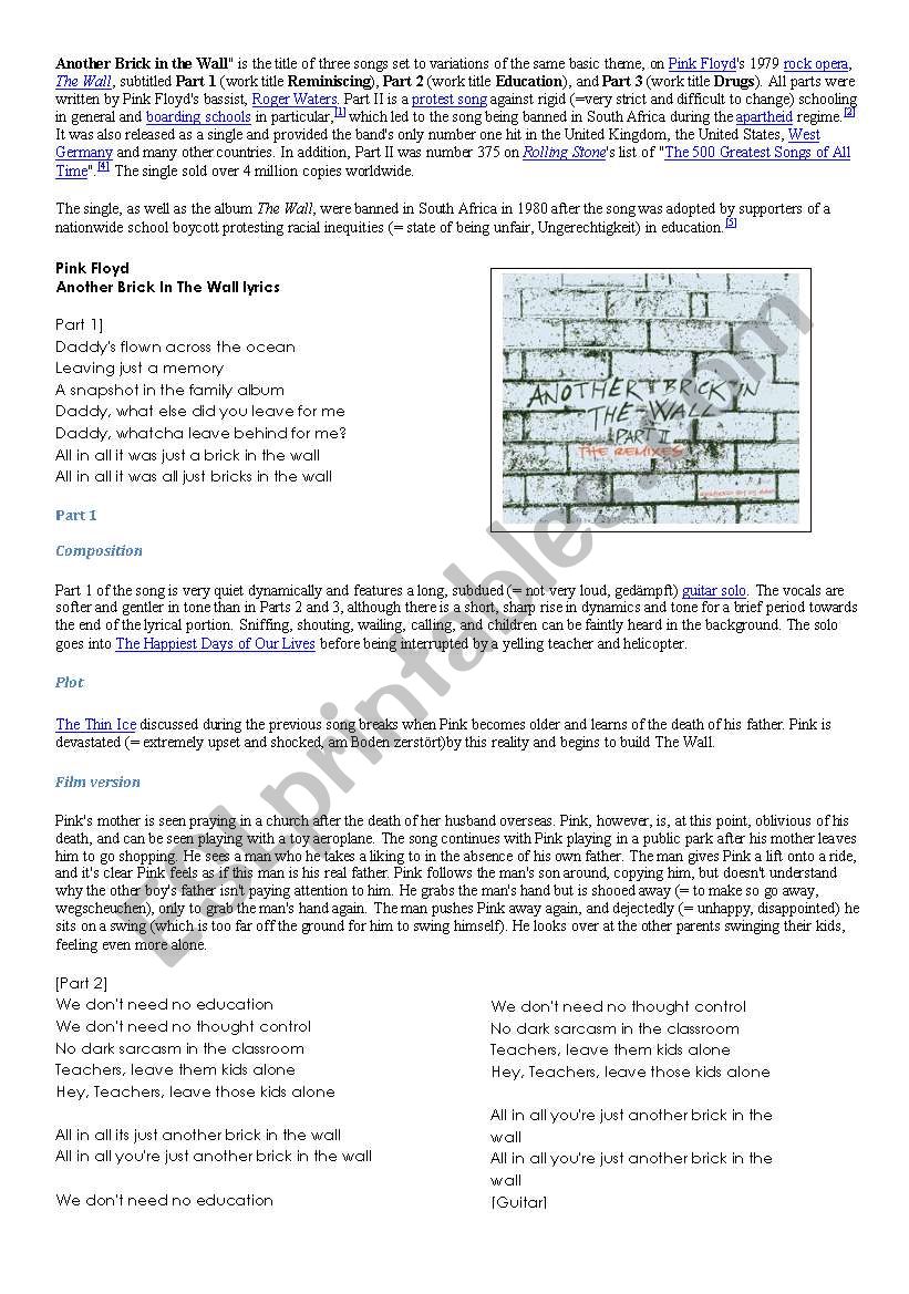 Another brick in the wall worksheet