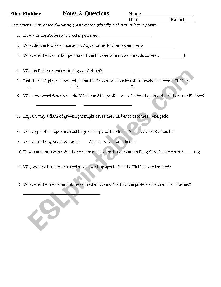 Flubber Notes and Questions worksheet