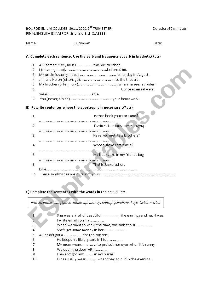 elementary final exam for englısh plus 2 book