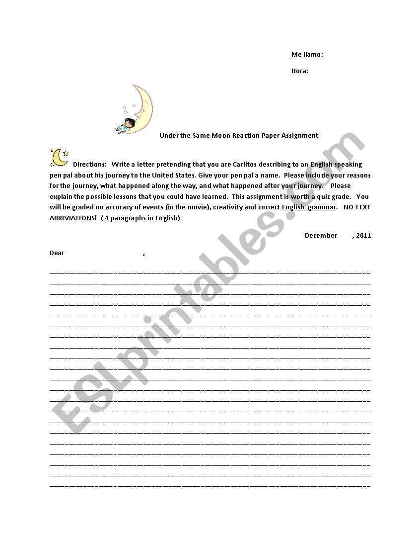 Under the Same Moon Letter worksheet